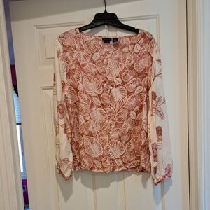 Tahari V-Neck Top Blouse Shirt Palm/ Floral Print 100% Linen Women’s Size Medium